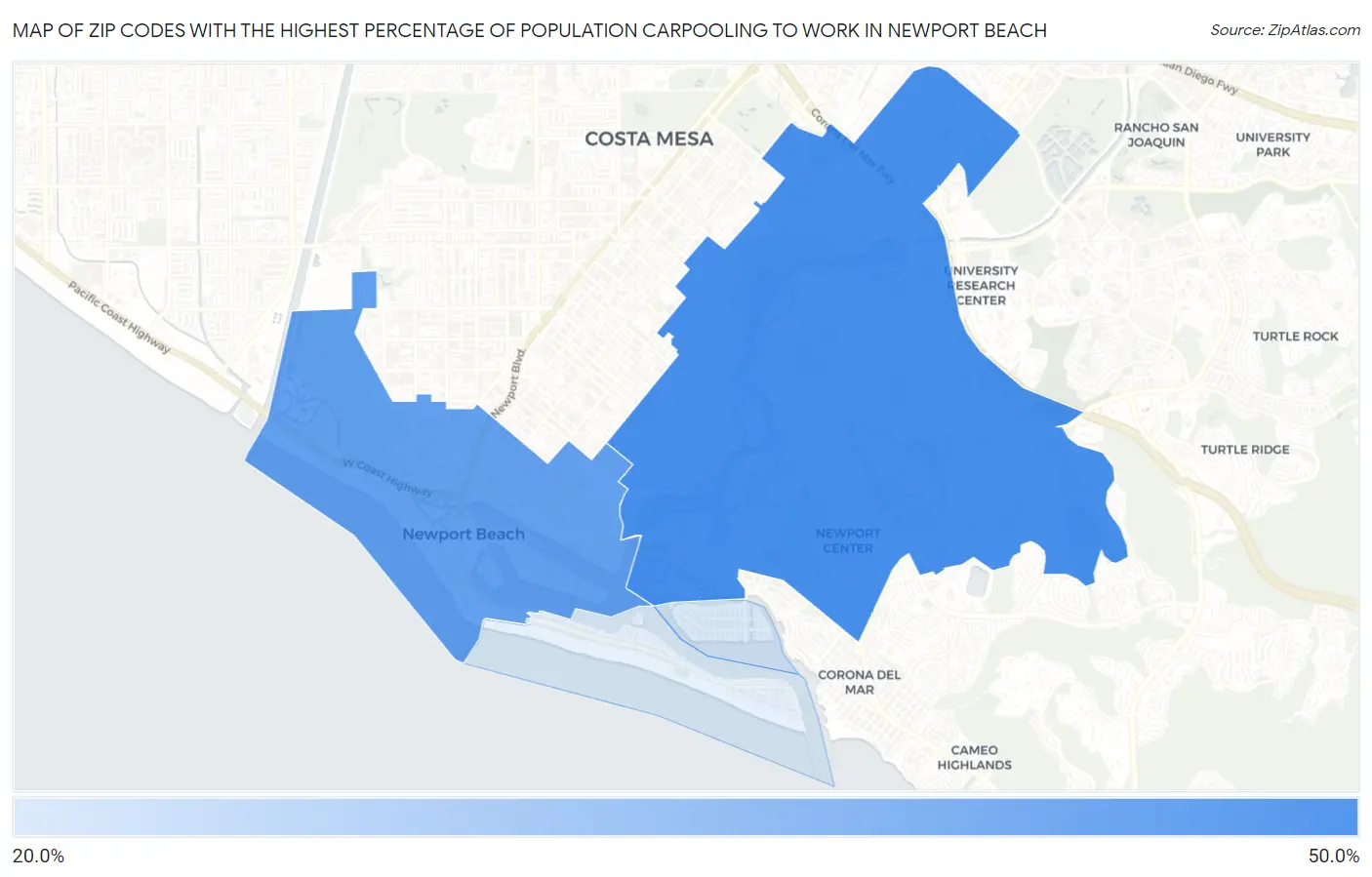 Zip Codes with the Highest Percentage of Population Carpooling to Work in Newport Beach Map