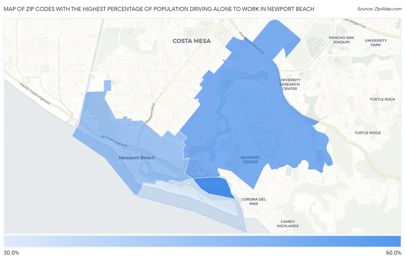 Zip Codes with the Highest Percentage of Population Driving Alone to Work in Newport Beach Map
