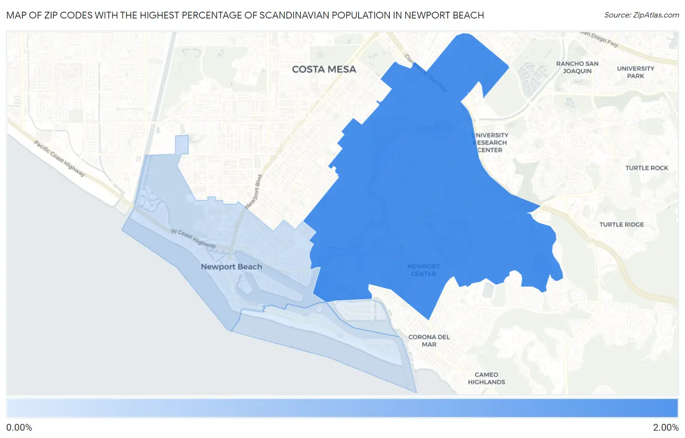 Zip Codes with the Highest Percentage of Scandinavian Population in Newport Beach Map