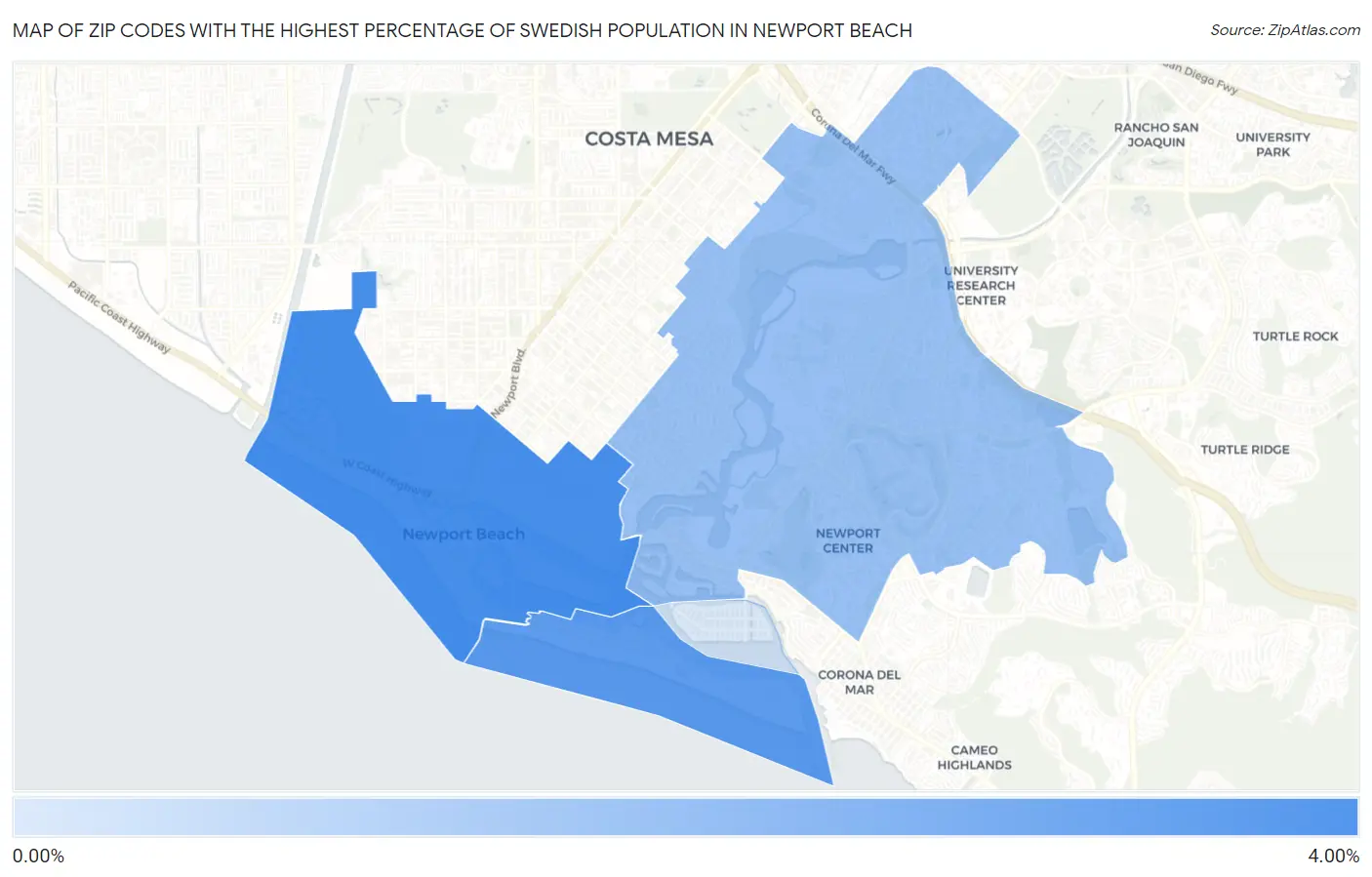 Zip Codes with the Highest Percentage of Swedish Population in Newport Beach Map
