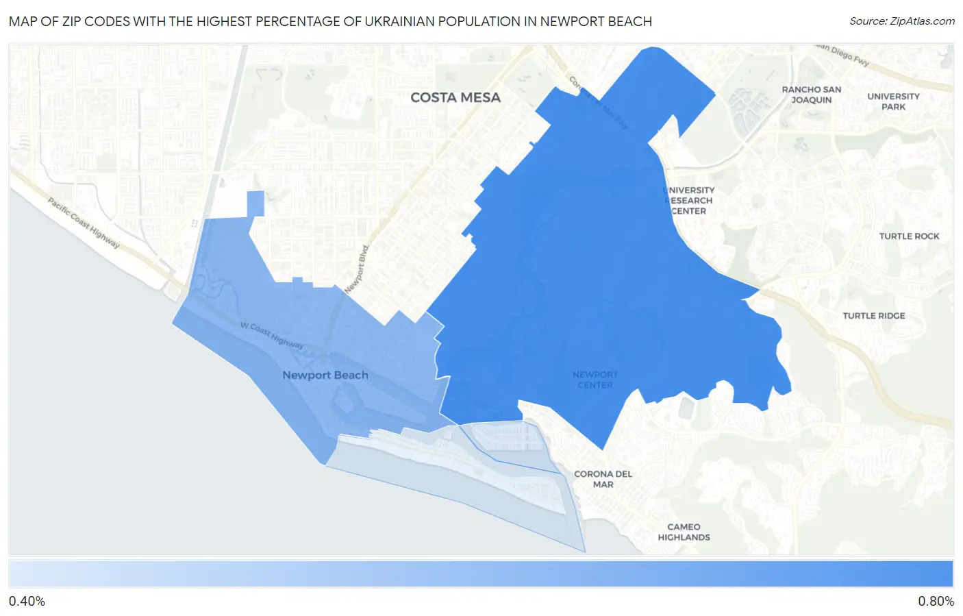 Zip Codes with the Highest Percentage of Ukrainian Population in Newport Beach Map