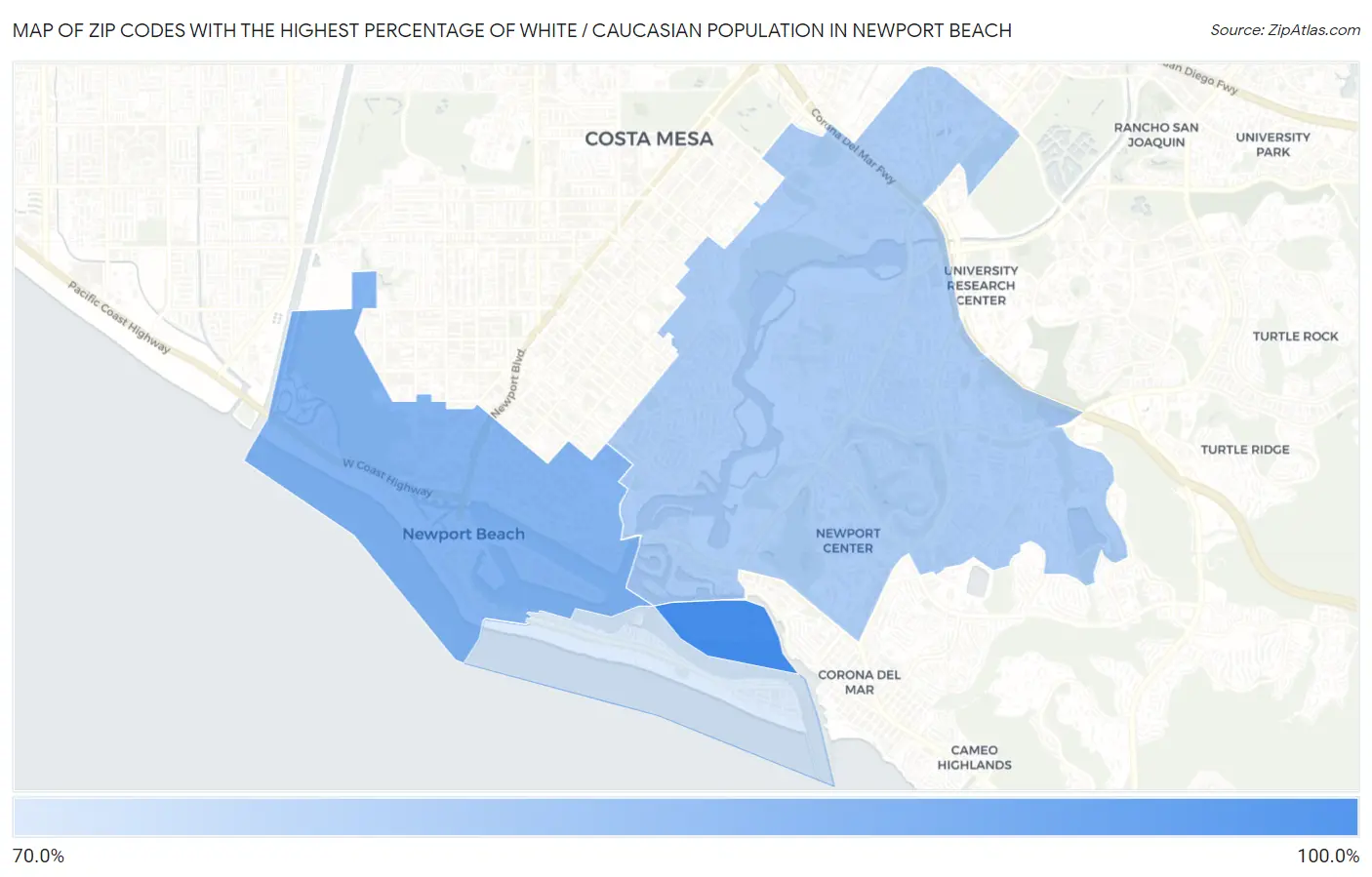 Zip Codes with the Highest Percentage of White / Caucasian Population in Newport Beach Map