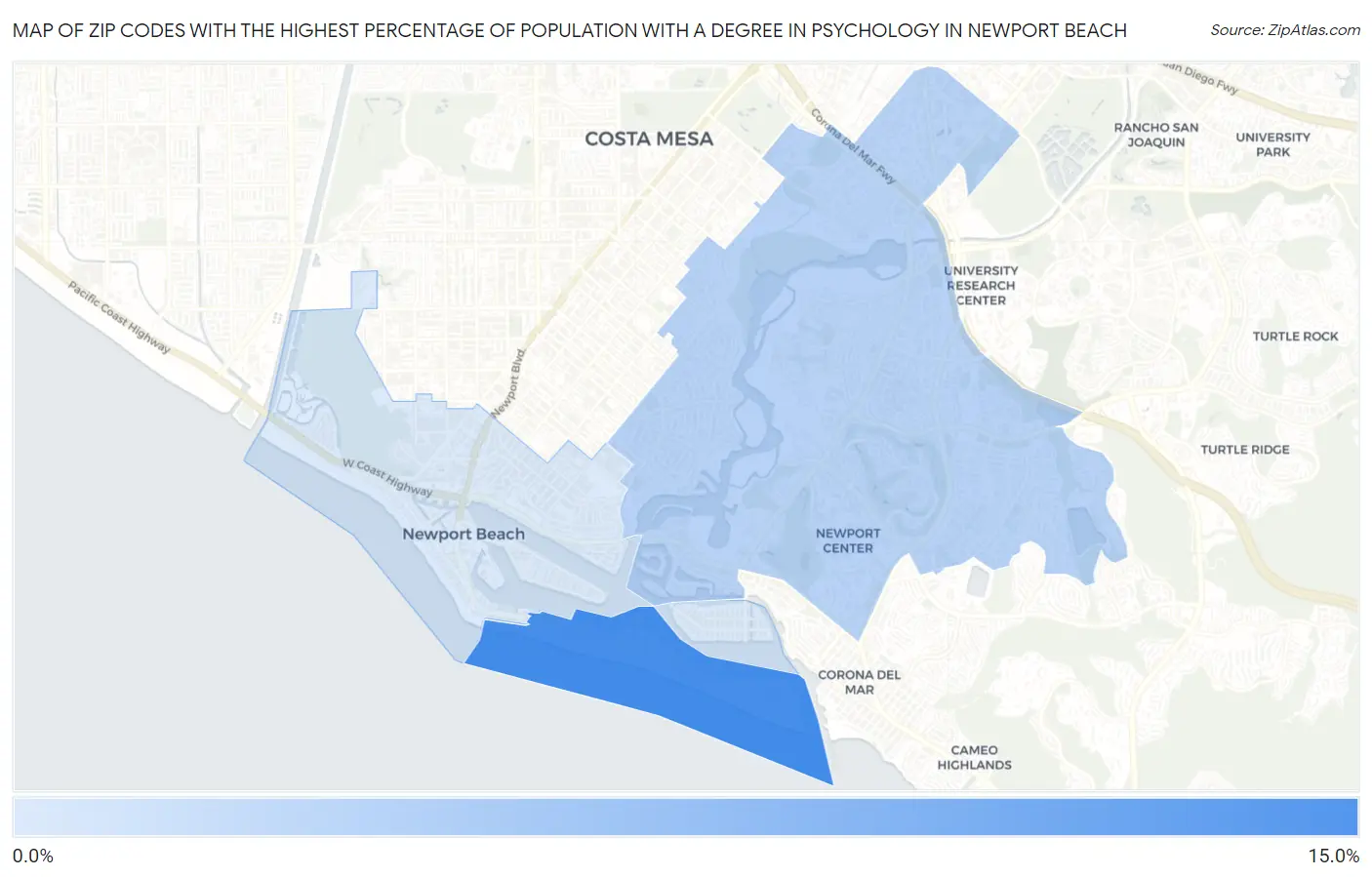 Zip Codes with the Highest Percentage of Population with a Degree in Psychology in Newport Beach Map