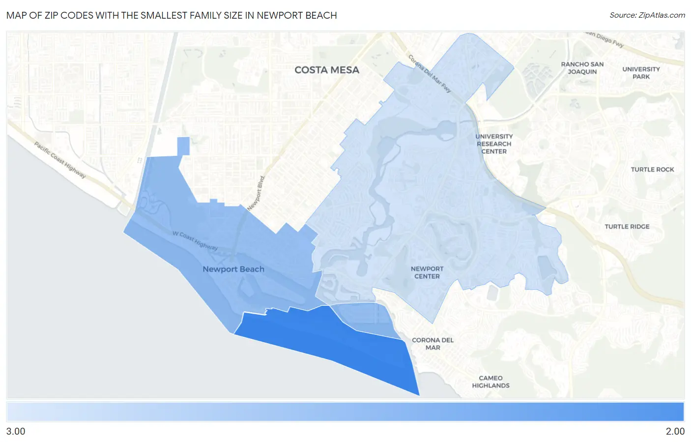 Zip Codes with the Smallest Family Size in Newport Beach Map