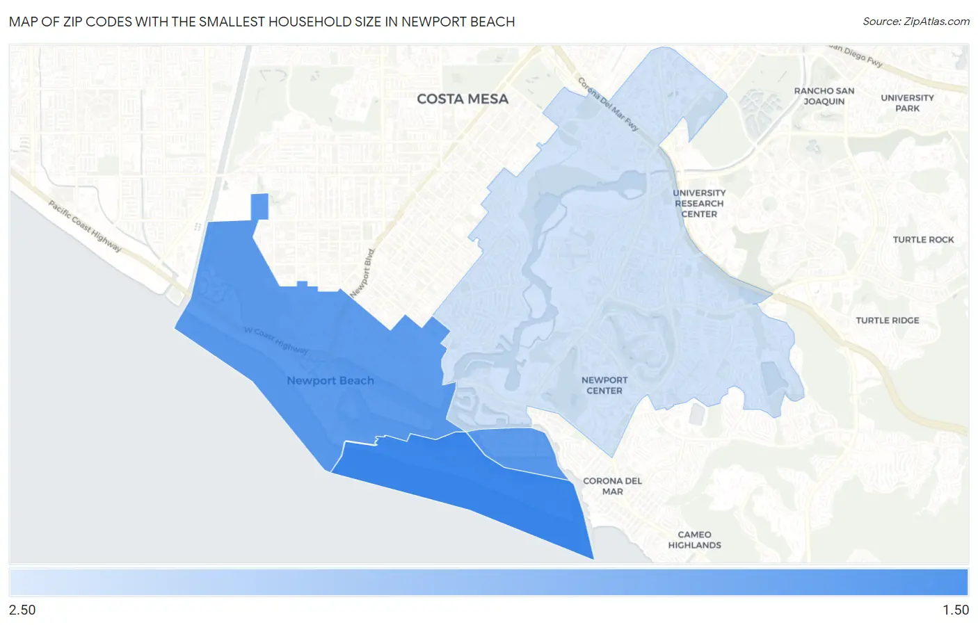 Zip Codes with the Smallest Household Size in Newport Beach Map