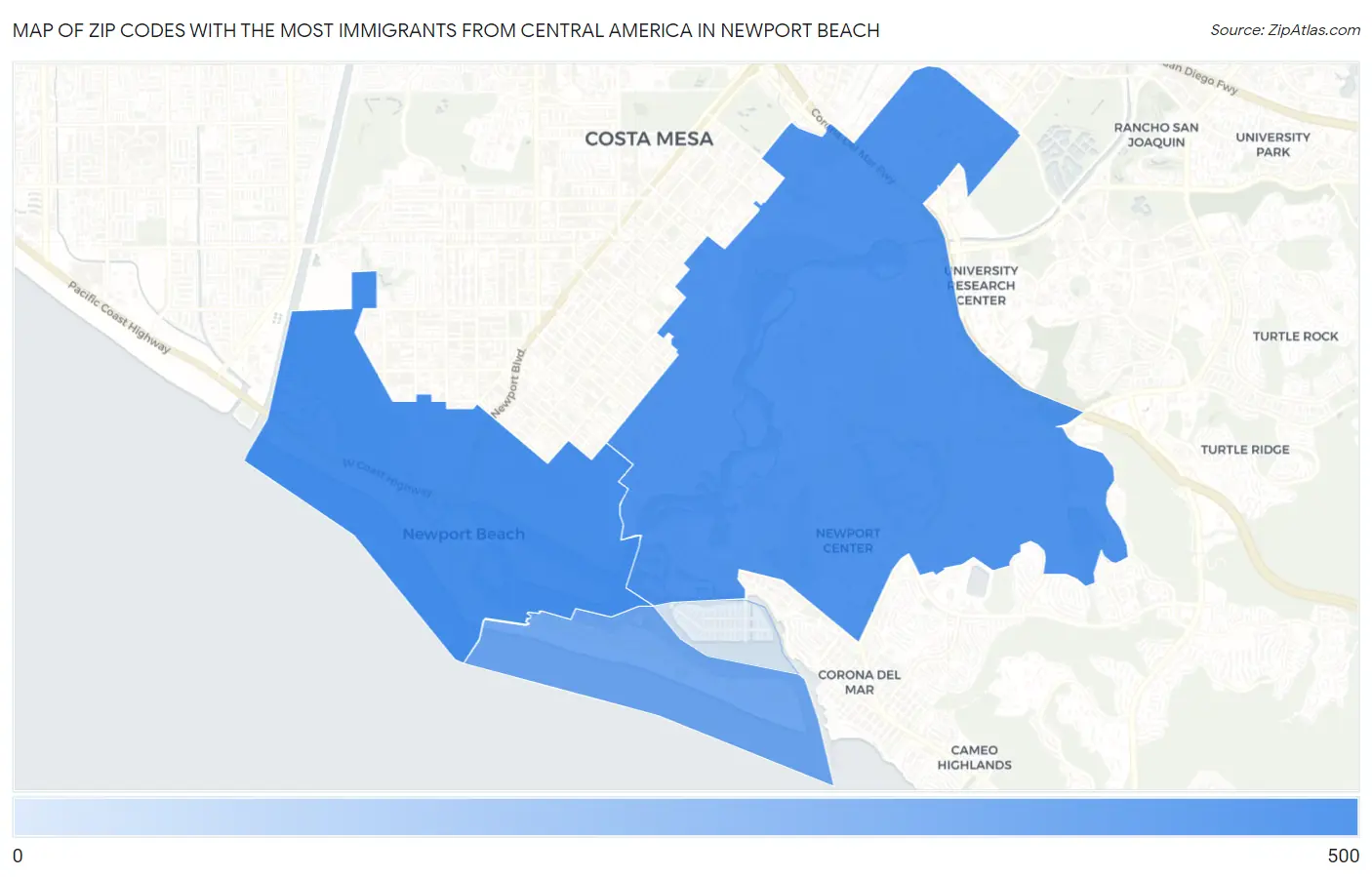 Zip Codes with the Most Immigrants from Central America in Newport Beach Map