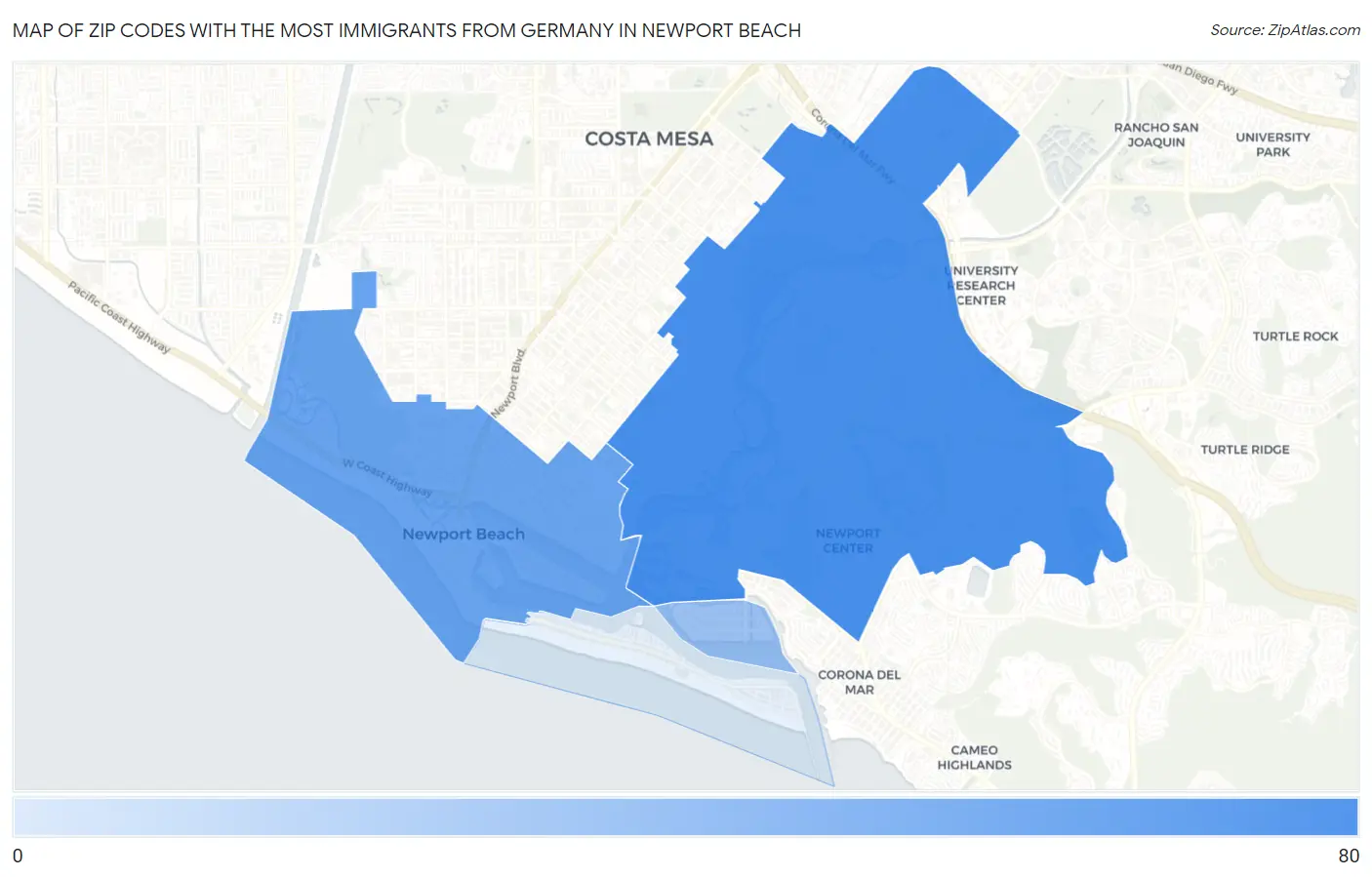 Zip Codes with the Most Immigrants from Germany in Newport Beach Map