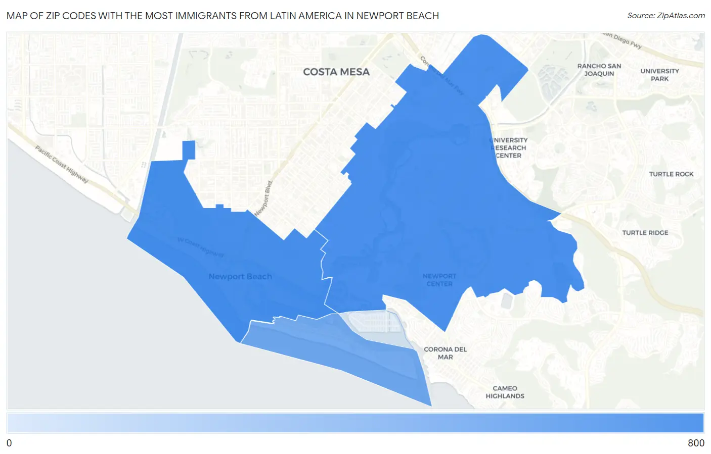 Zip Codes with the Most Immigrants from Latin America in Newport Beach Map