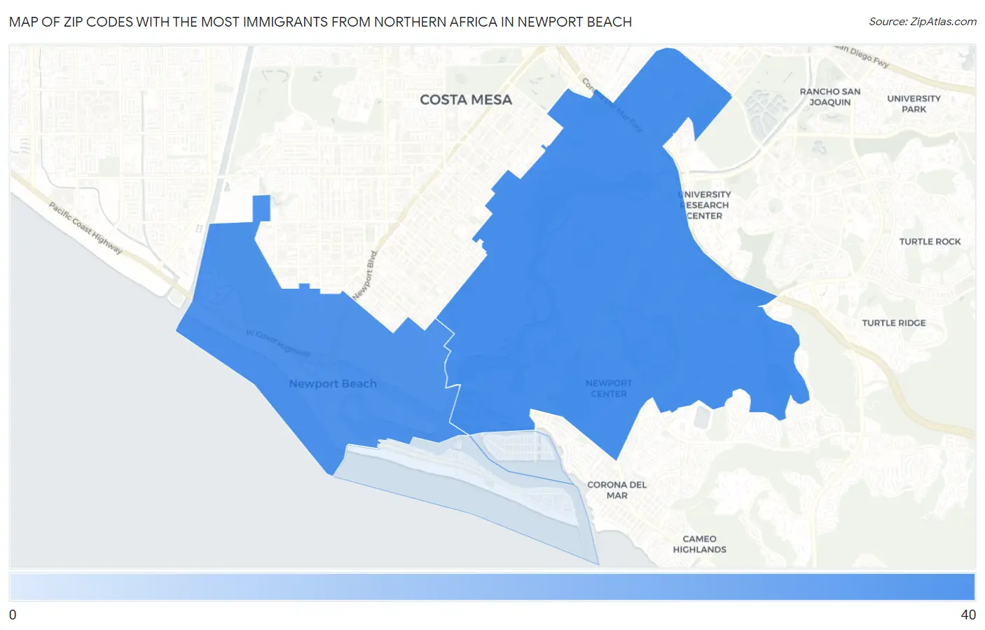 Zip Codes with the Most Immigrants from Northern Africa in Newport Beach Map