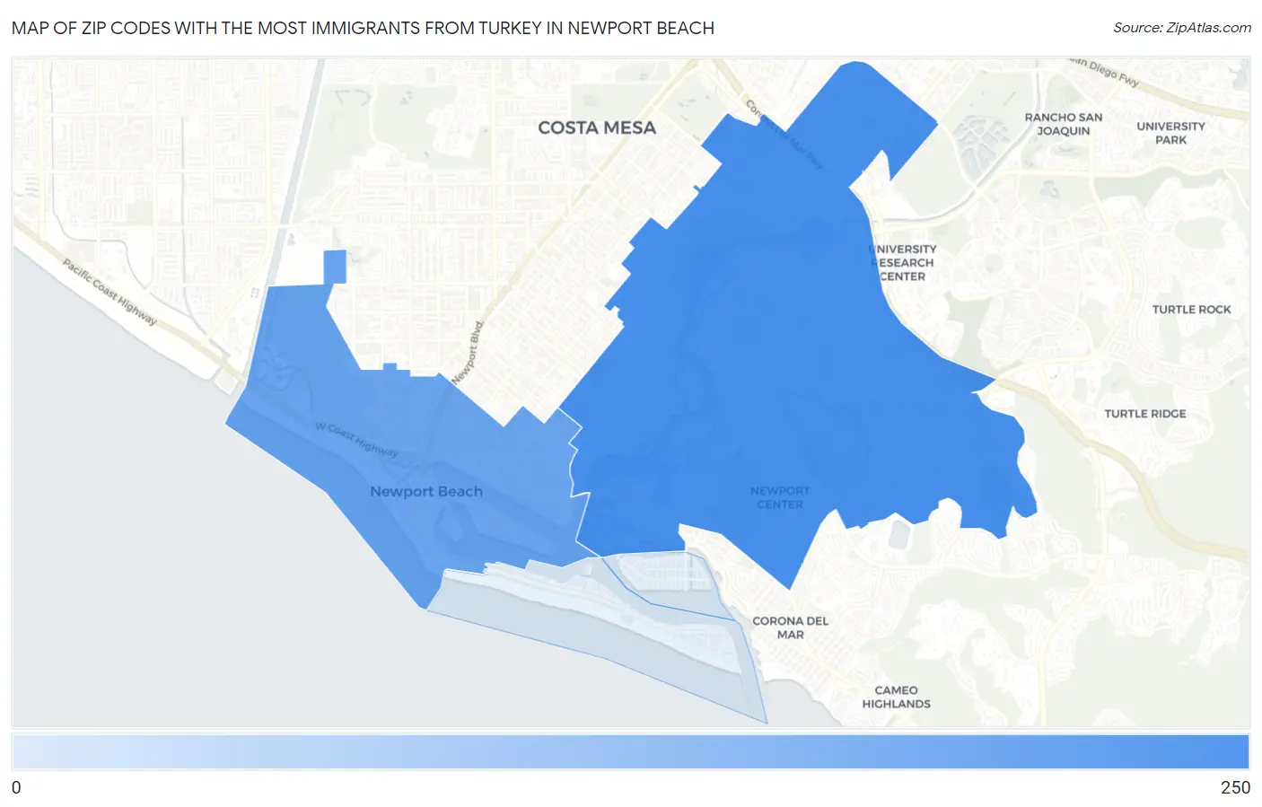 Zip Codes with the Most Immigrants from Turkey in Newport Beach Map
