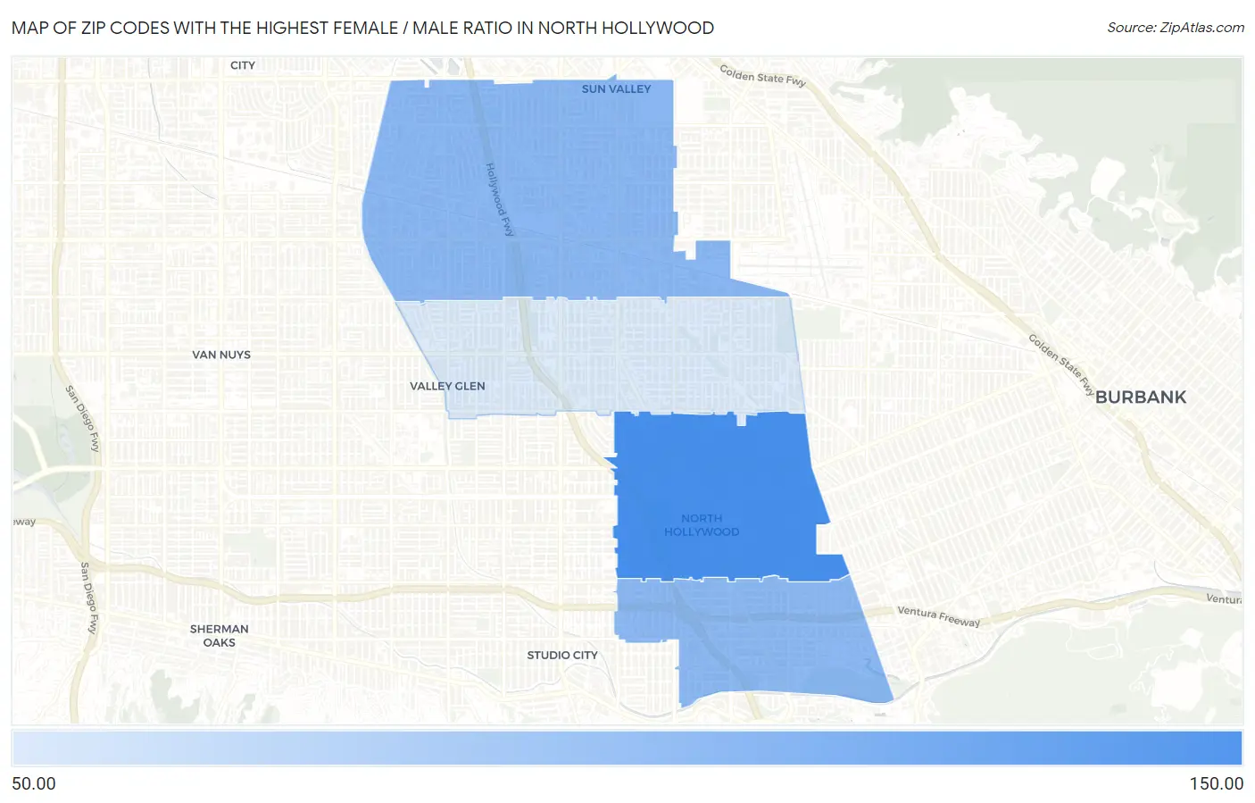 Zip Codes with the Highest Female / Male Ratio in North Hollywood Map