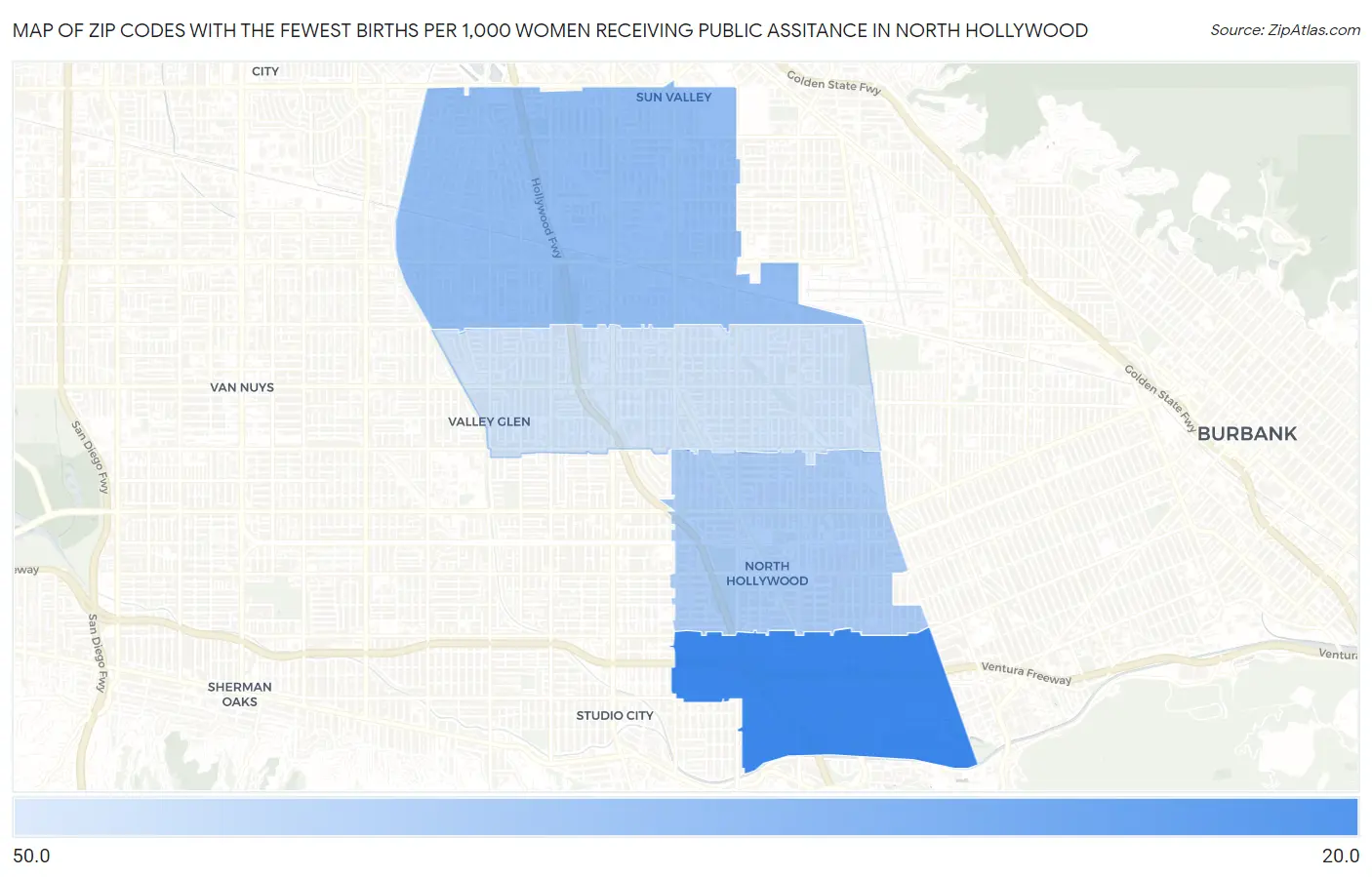 Zip Codes with the Fewest Births per 1,000 Women Receiving Public Assitance in North Hollywood Map