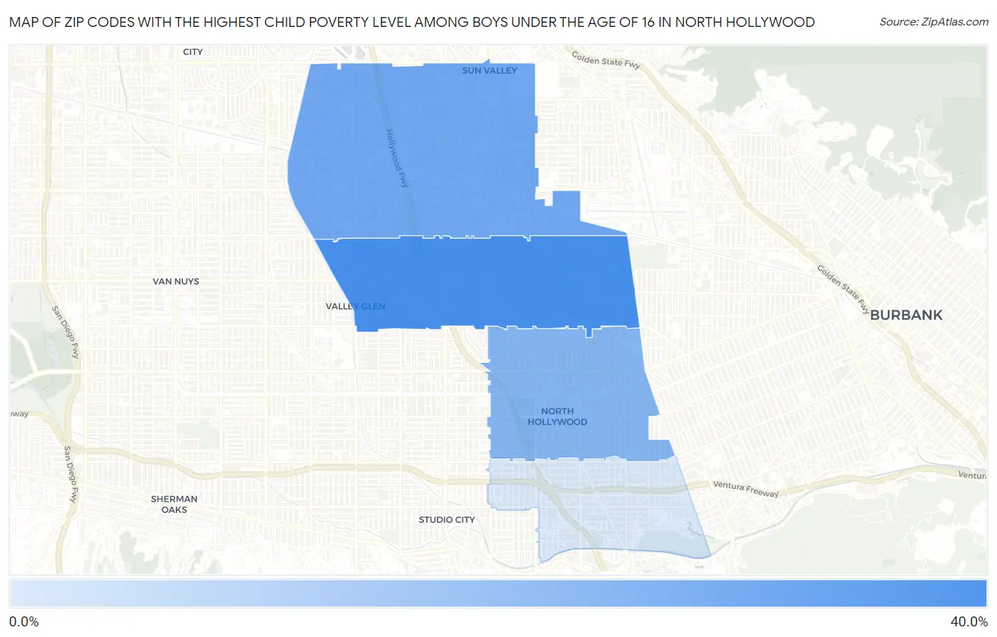 Zip Codes with the Highest Child Poverty Level Among Boys Under the Age of 16 in North Hollywood Map