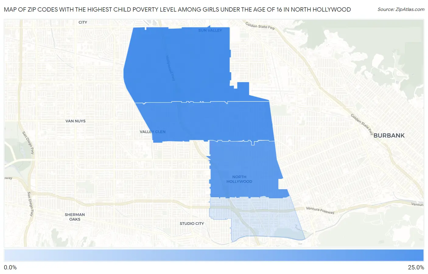Zip Codes with the Highest Child Poverty Level Among Girls Under the Age of 16 in North Hollywood Map