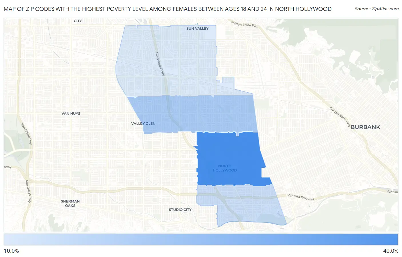 Zip Codes with the Highest Poverty Level Among Females Between Ages 18 and 24 in North Hollywood Map
