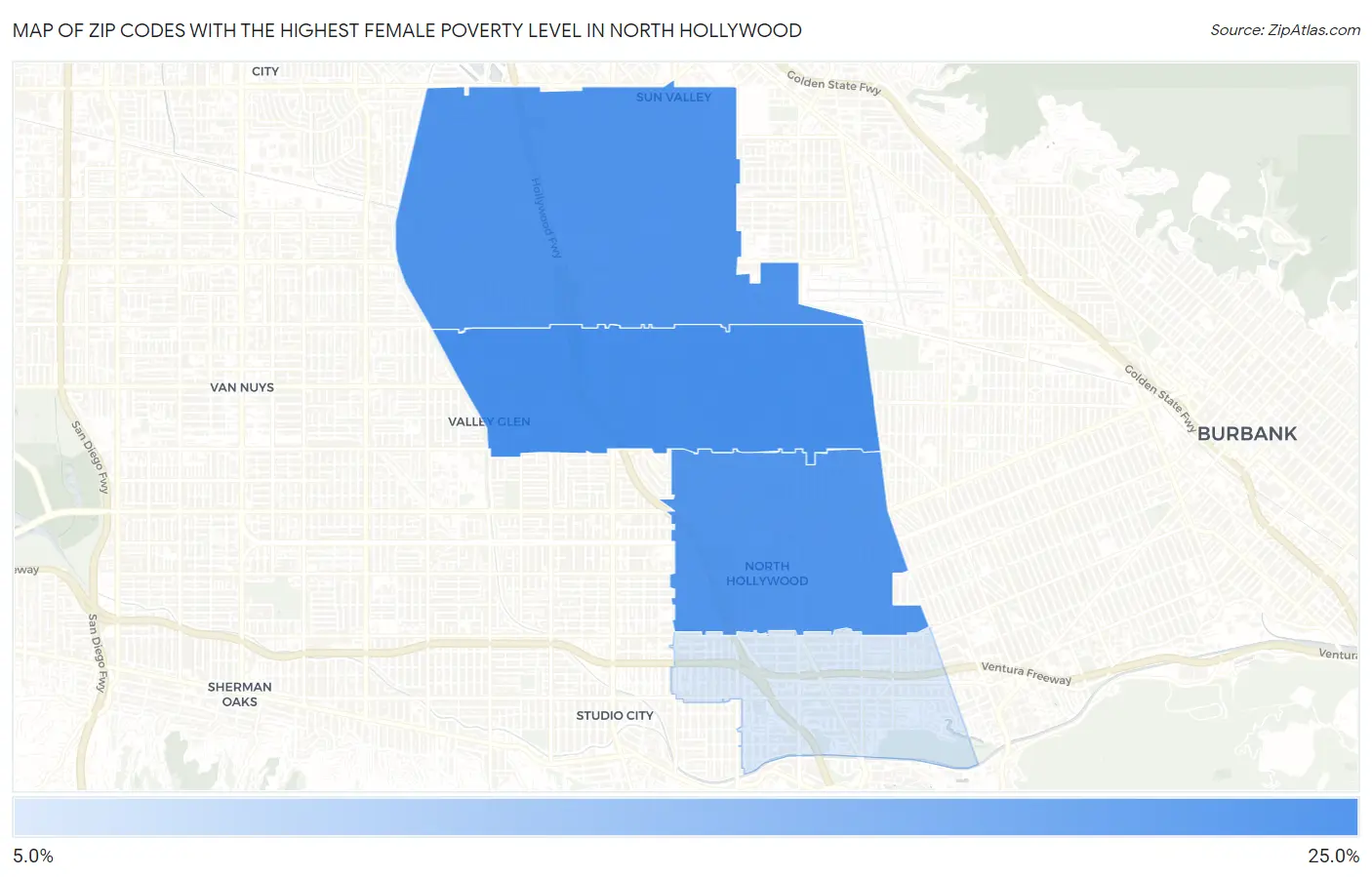 Zip Codes with the Highest Female Poverty Level in North Hollywood Map