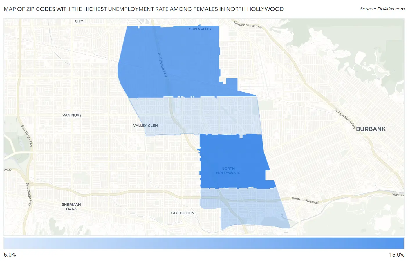 Zip Codes with the Highest Unemployment Rate Among Females in North Hollywood Map