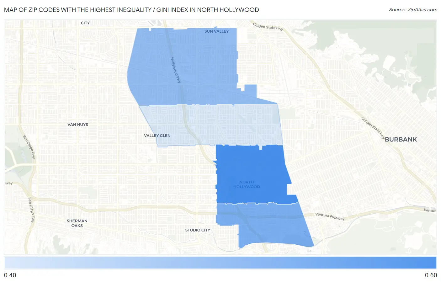 Zip Codes with the Highest Inequality / Gini Index in North Hollywood Map