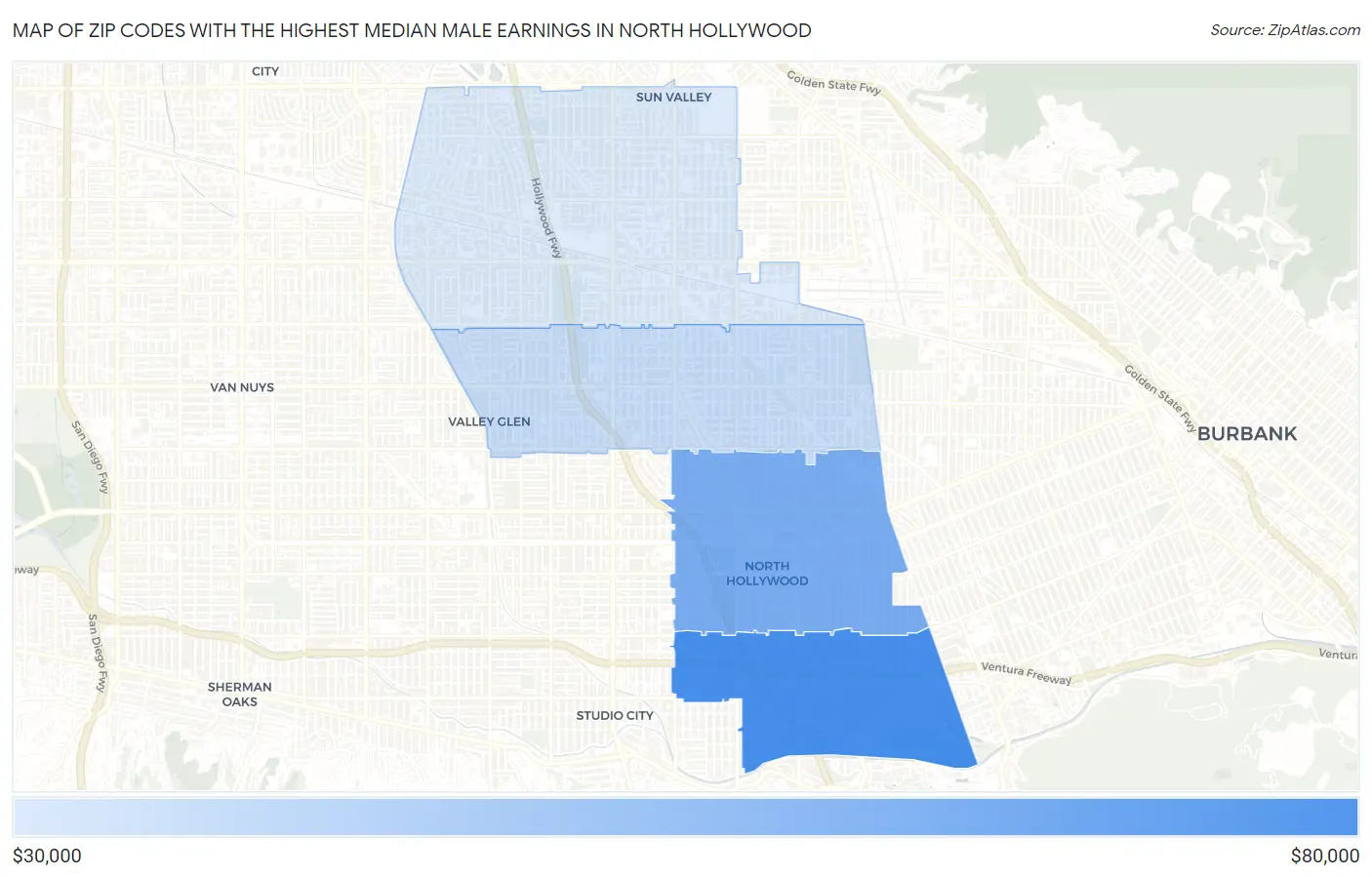 Zip Codes with the Highest Median Male Earnings in North Hollywood Map