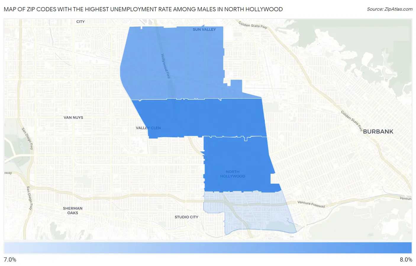 Zip Codes with the Highest Unemployment Rate Among Males in North Hollywood Map
