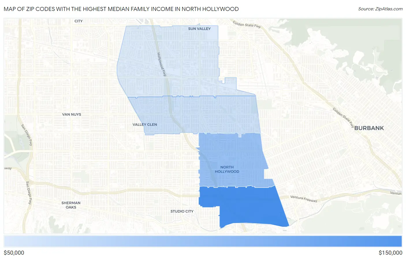 Zip Codes with the Highest Median Family Income in North Hollywood Map