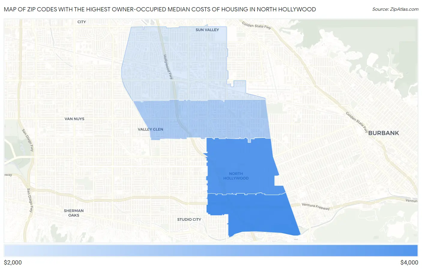 Zip Codes with the Highest Owner-Occupied Median Costs of Housing in North Hollywood Map