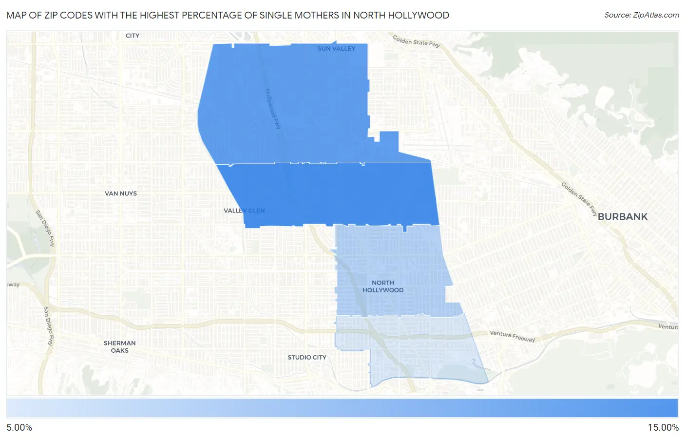 Zip Codes with the Highest Percentage of Single Mothers in North Hollywood Map