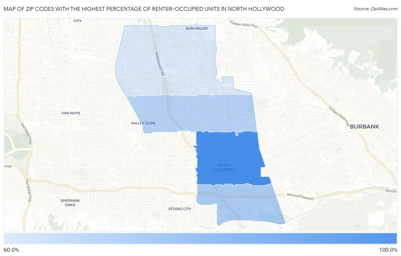 Zip Codes with the Highest Percentage of Renter-Occupied Units in North Hollywood Map