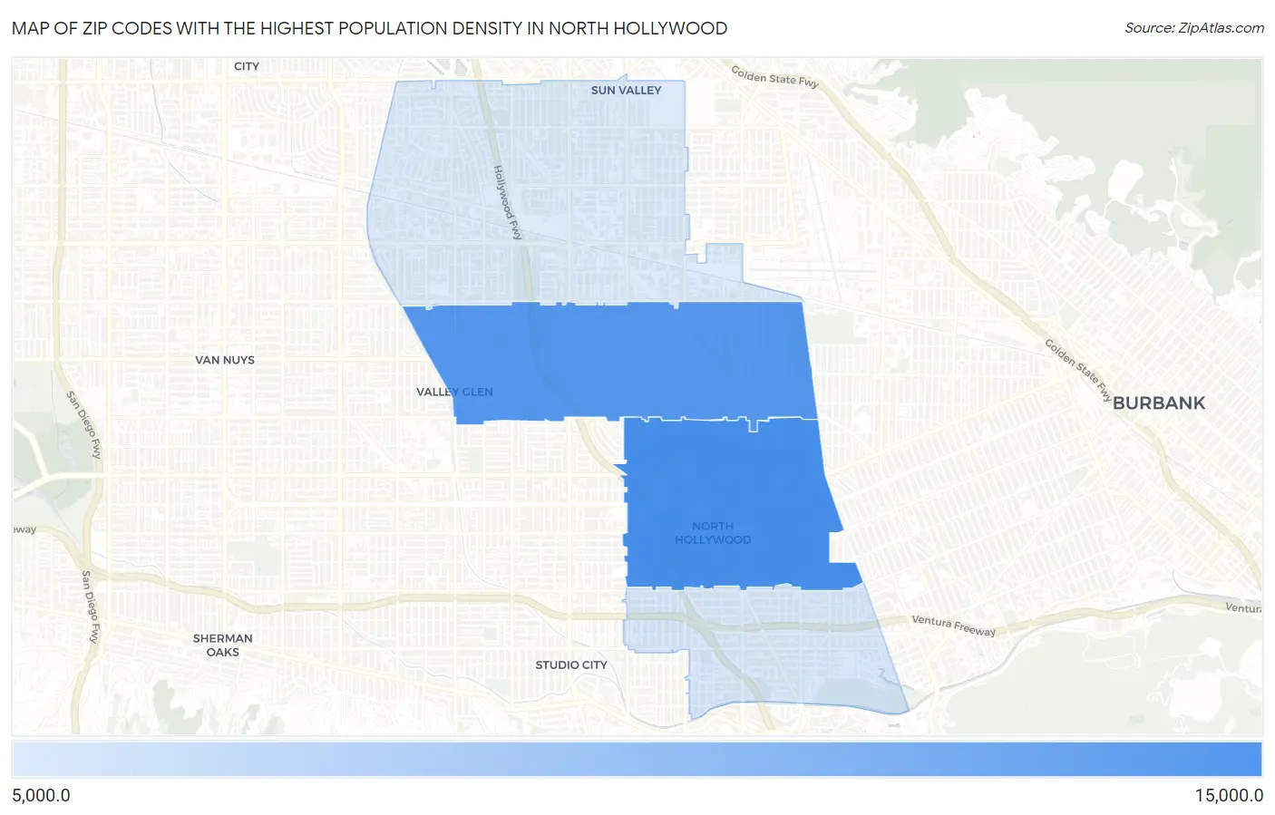 Zip Codes with the Highest Population Density in North Hollywood Map