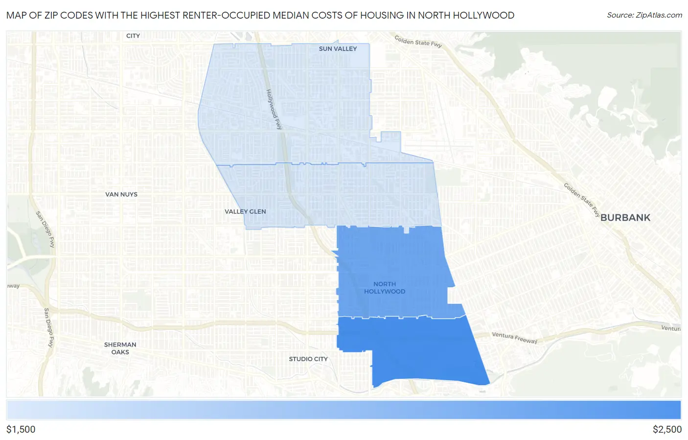 Zip Codes with the Highest Renter-Occupied Median Costs of Housing in North Hollywood Map