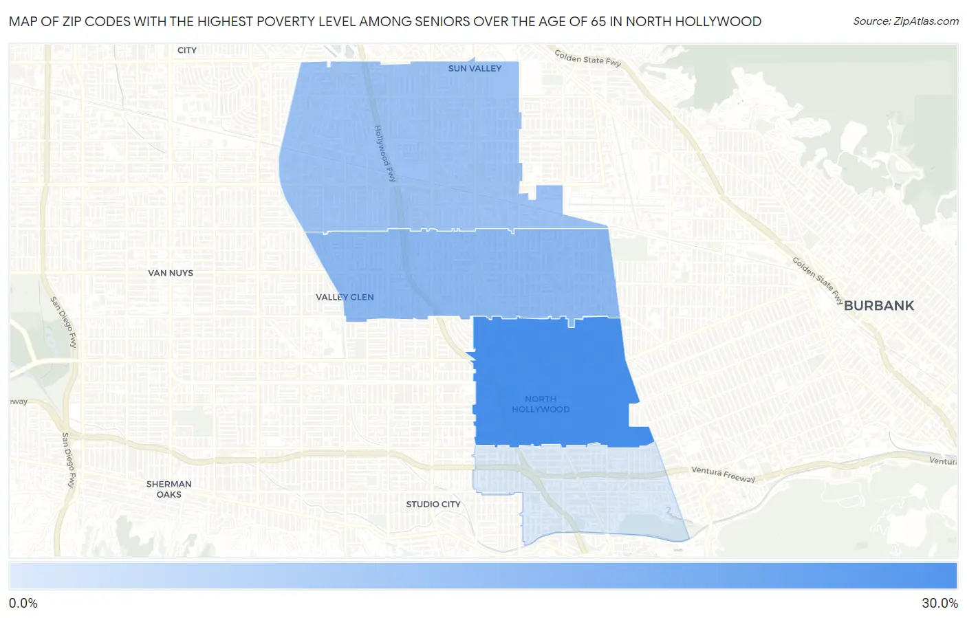 Zip Codes with the Highest Poverty Level Among Seniors Over the Age of 65 in North Hollywood Map