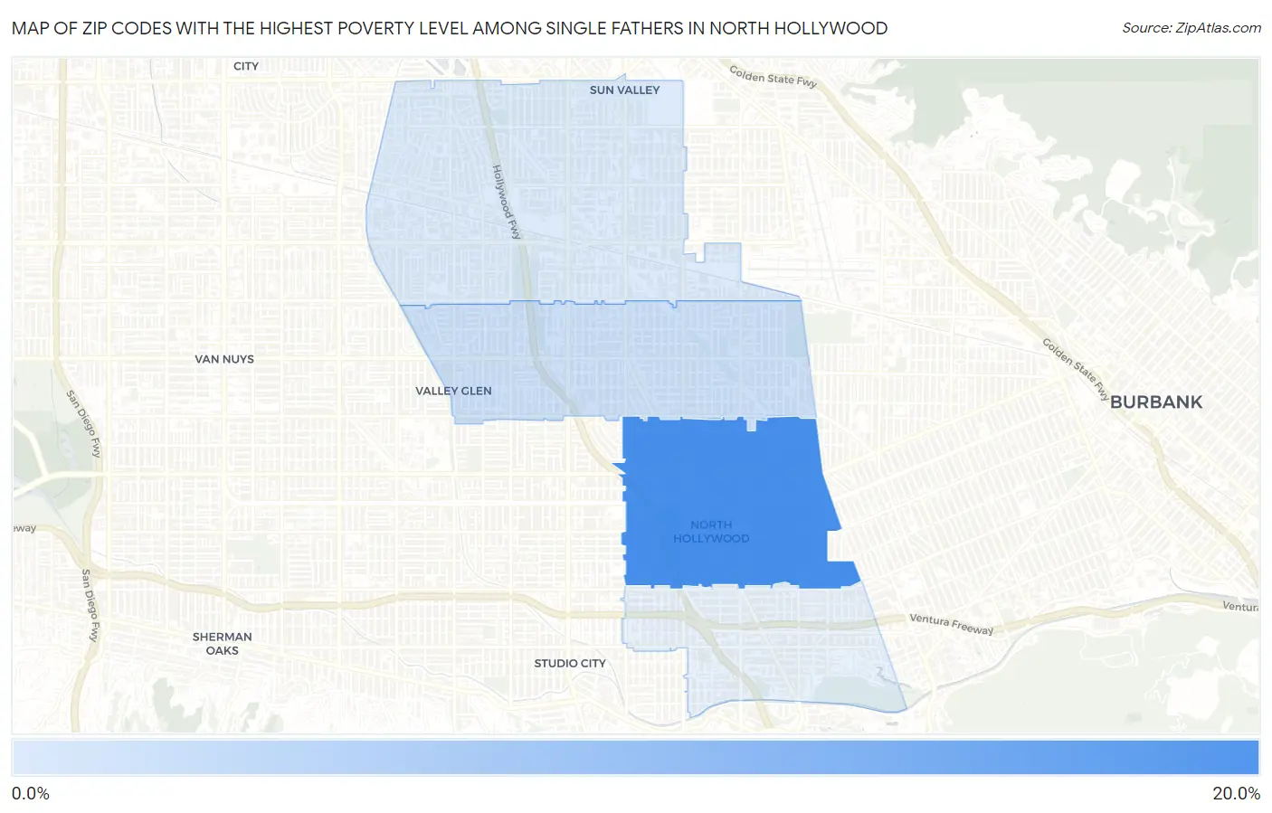 Zip Codes with the Highest Poverty Level Among Single Fathers in North Hollywood Map