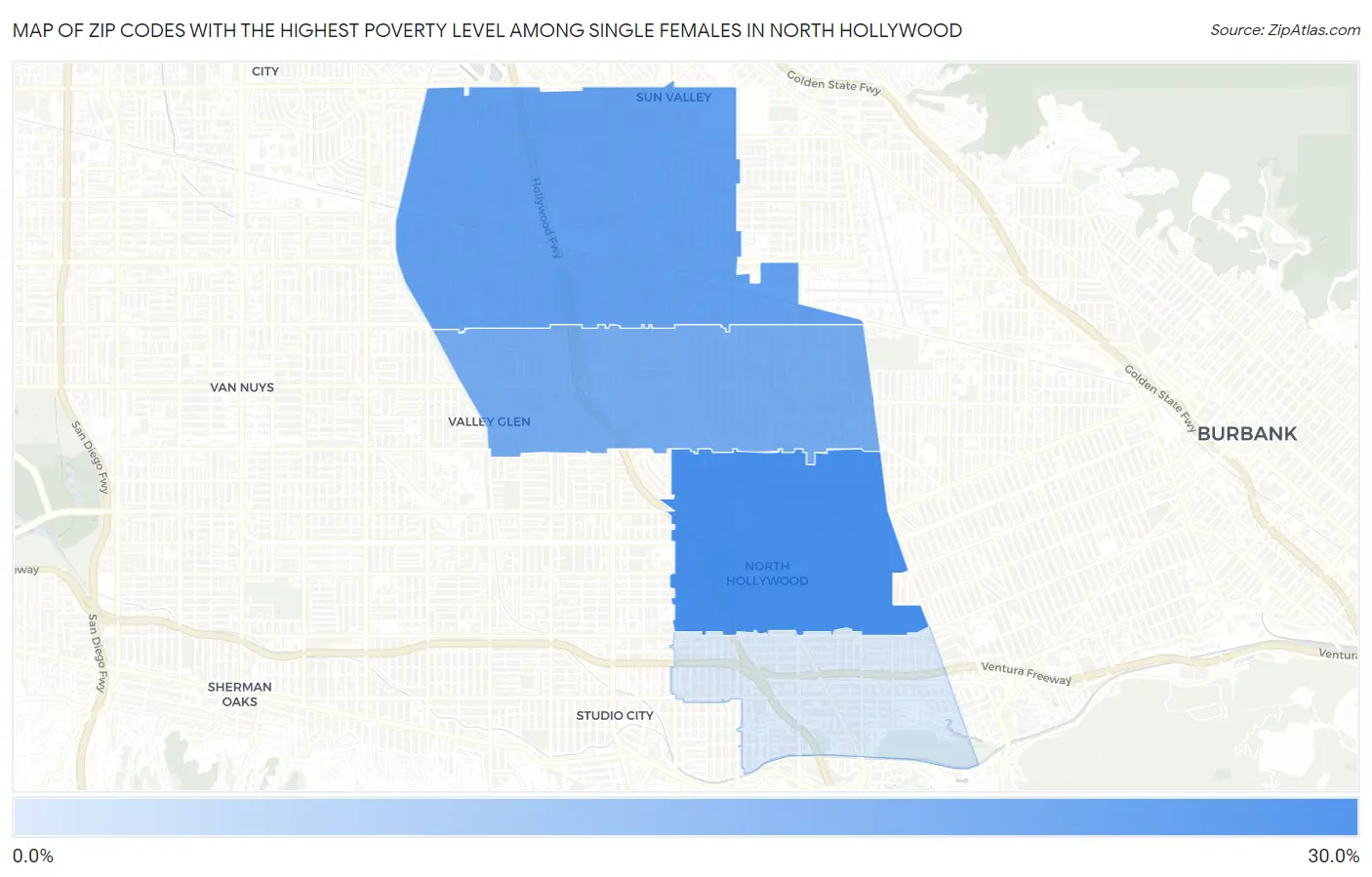 Zip Codes with the Highest Poverty Level Among Single Females in North Hollywood Map