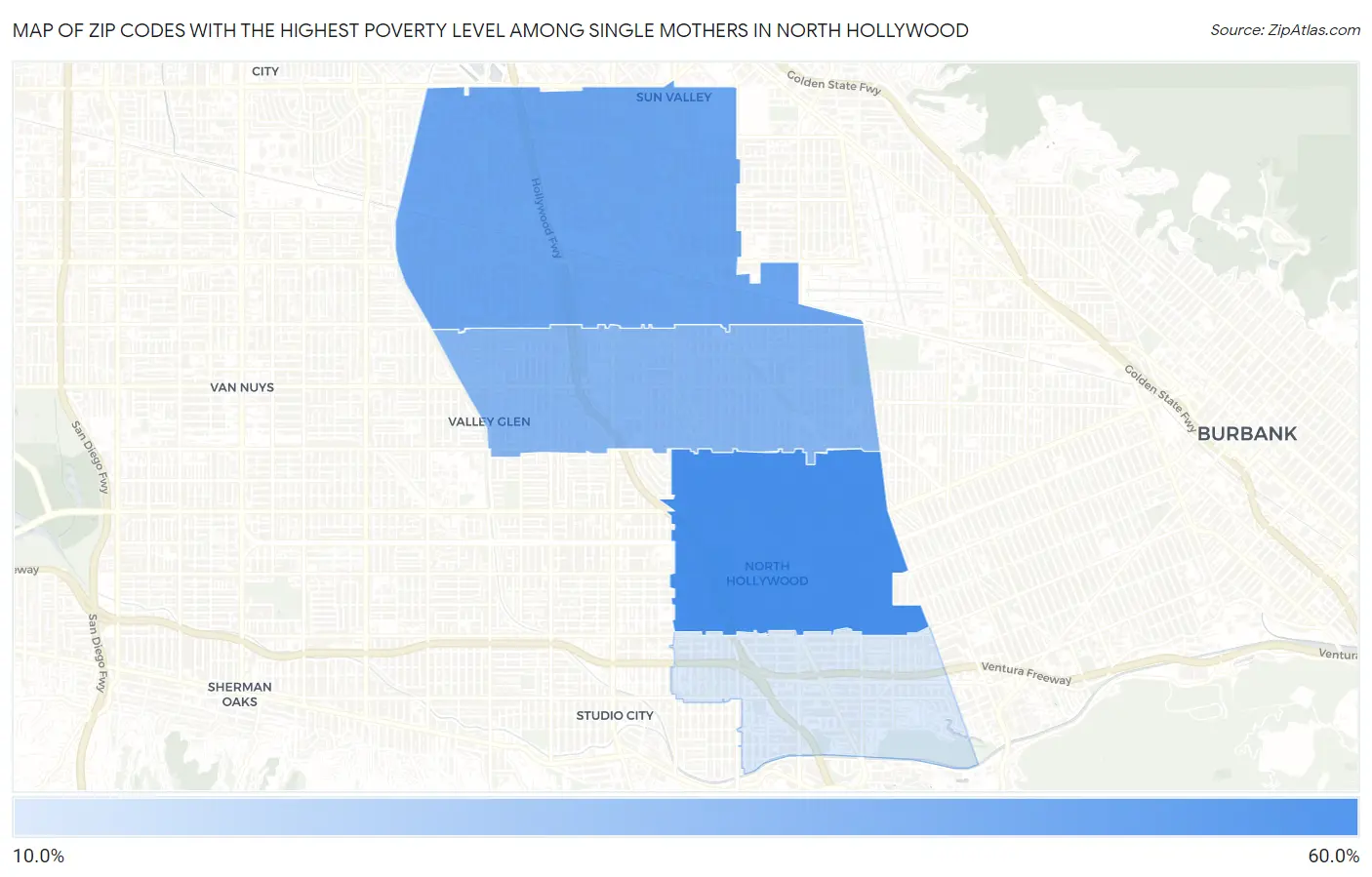 Zip Codes with the Highest Poverty Level Among Single Mothers in North Hollywood Map