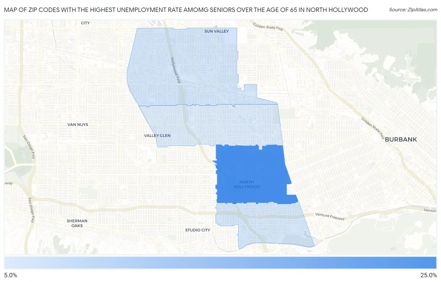 Zip Codes with the Highest Unemployment Rate Amomg Seniors Over the Age of 65 in North Hollywood Map