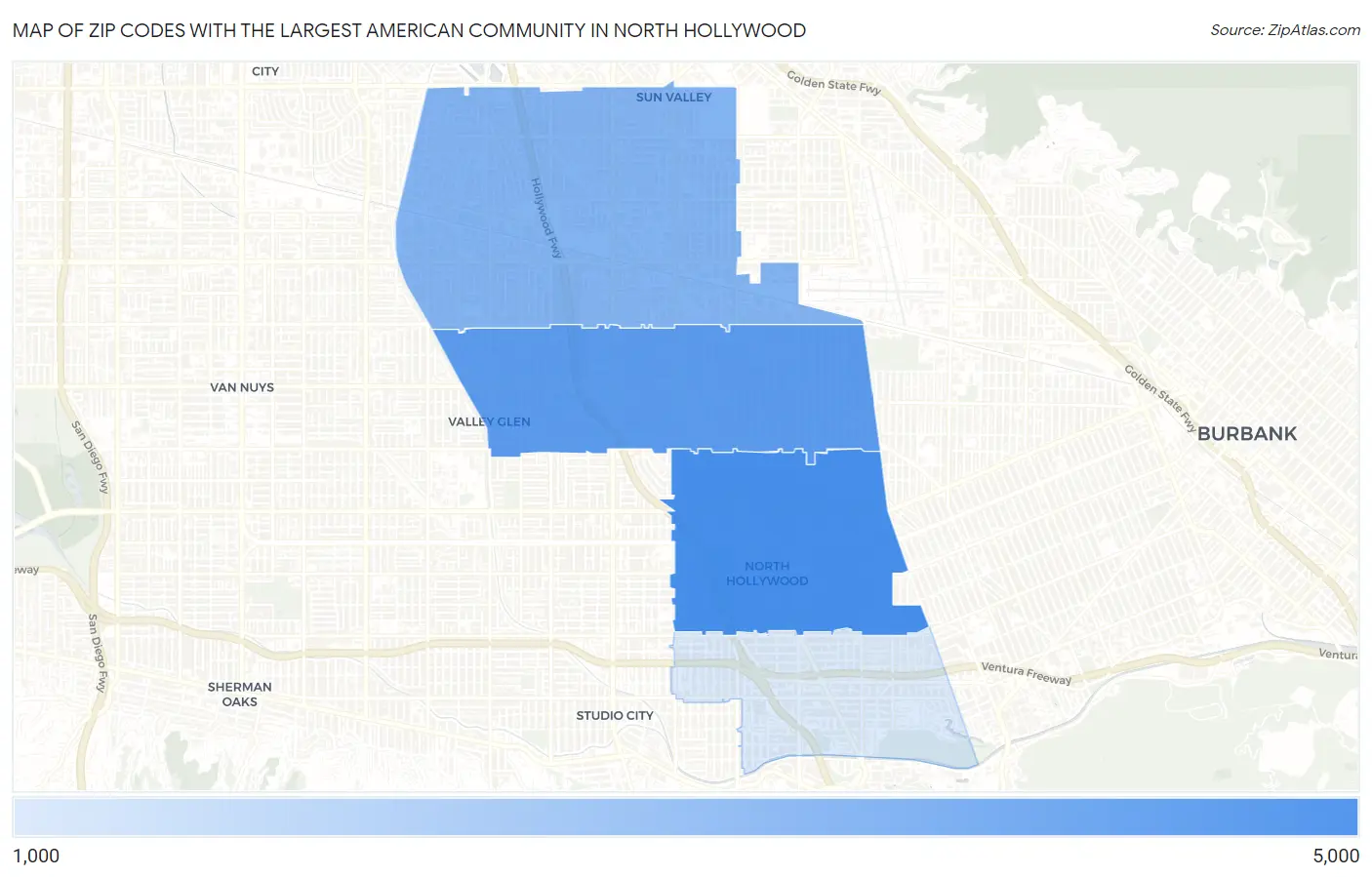 Zip Codes with the Largest American Community in North Hollywood Map