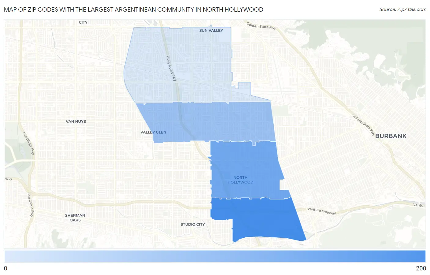 Zip Codes with the Largest Argentinean Community in North Hollywood Map