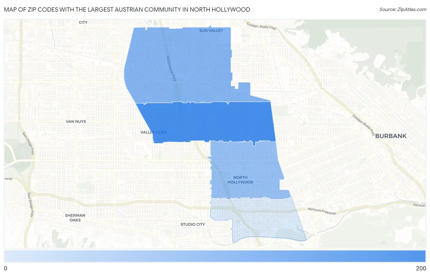 Zip Codes with the Largest Austrian Community in North Hollywood Map