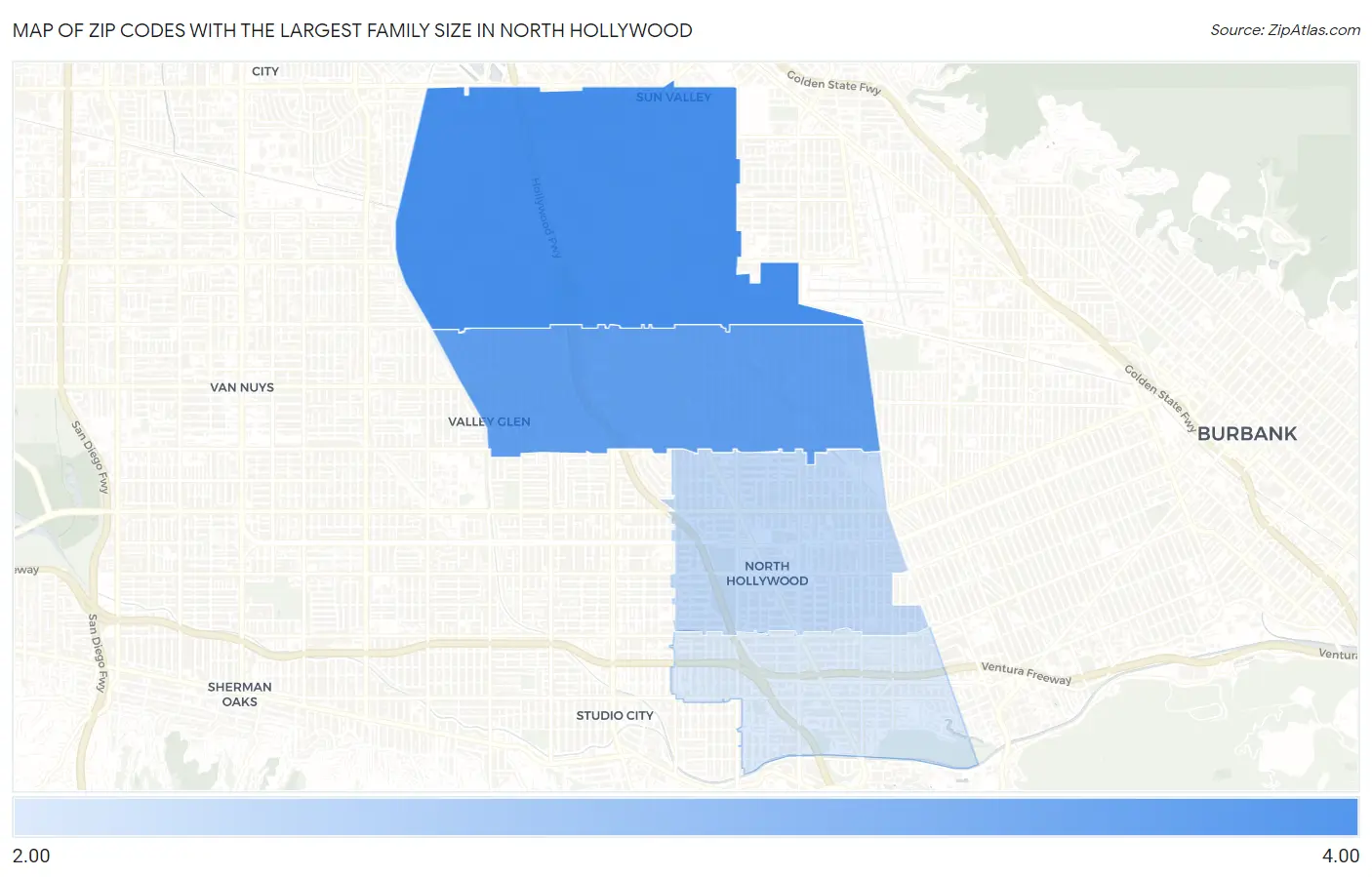 Zip Codes with the Largest Family Size in North Hollywood Map
