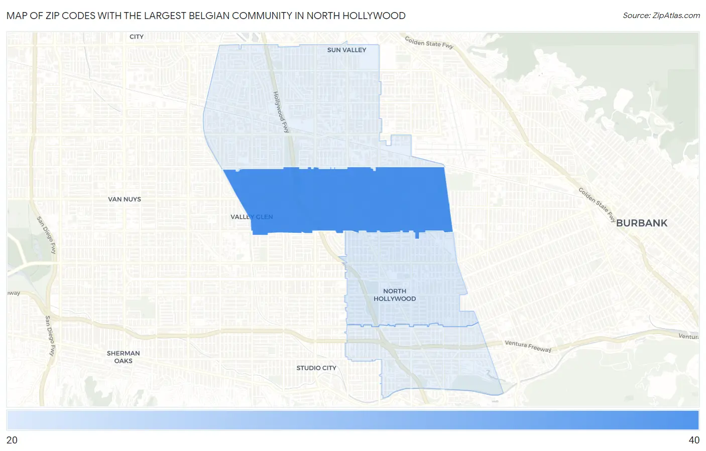 Zip Codes with the Largest Belgian Community in North Hollywood Map