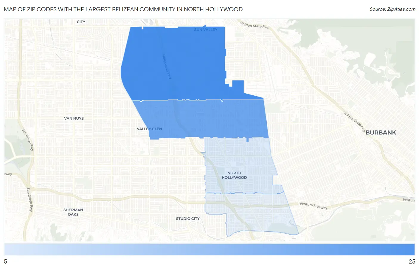 Zip Codes with the Largest Belizean Community in North Hollywood Map