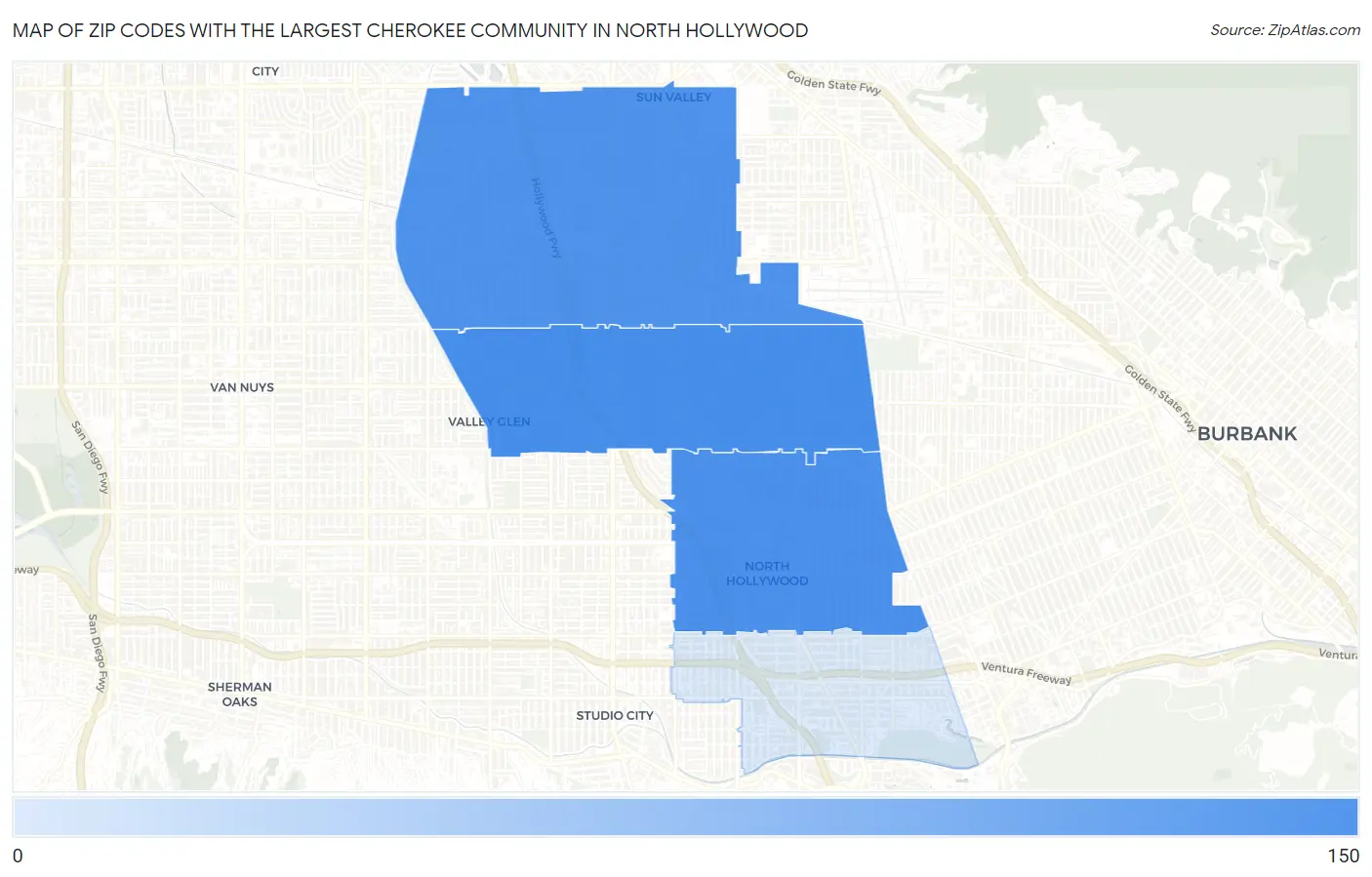 Zip Codes with the Largest Cherokee Community in North Hollywood Map