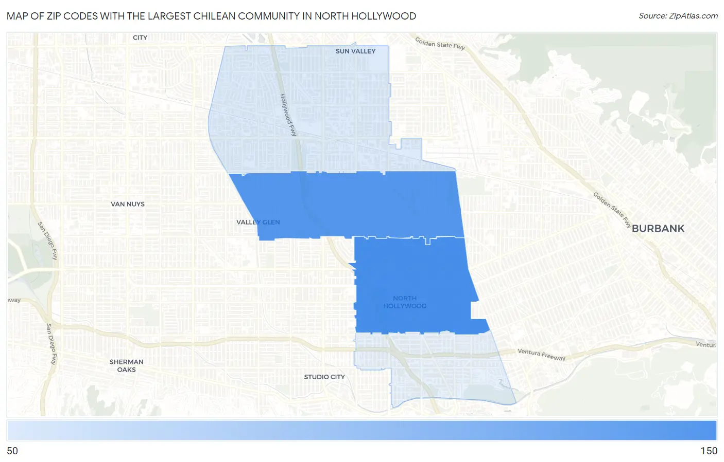 Zip Codes with the Largest Chilean Community in North Hollywood Map