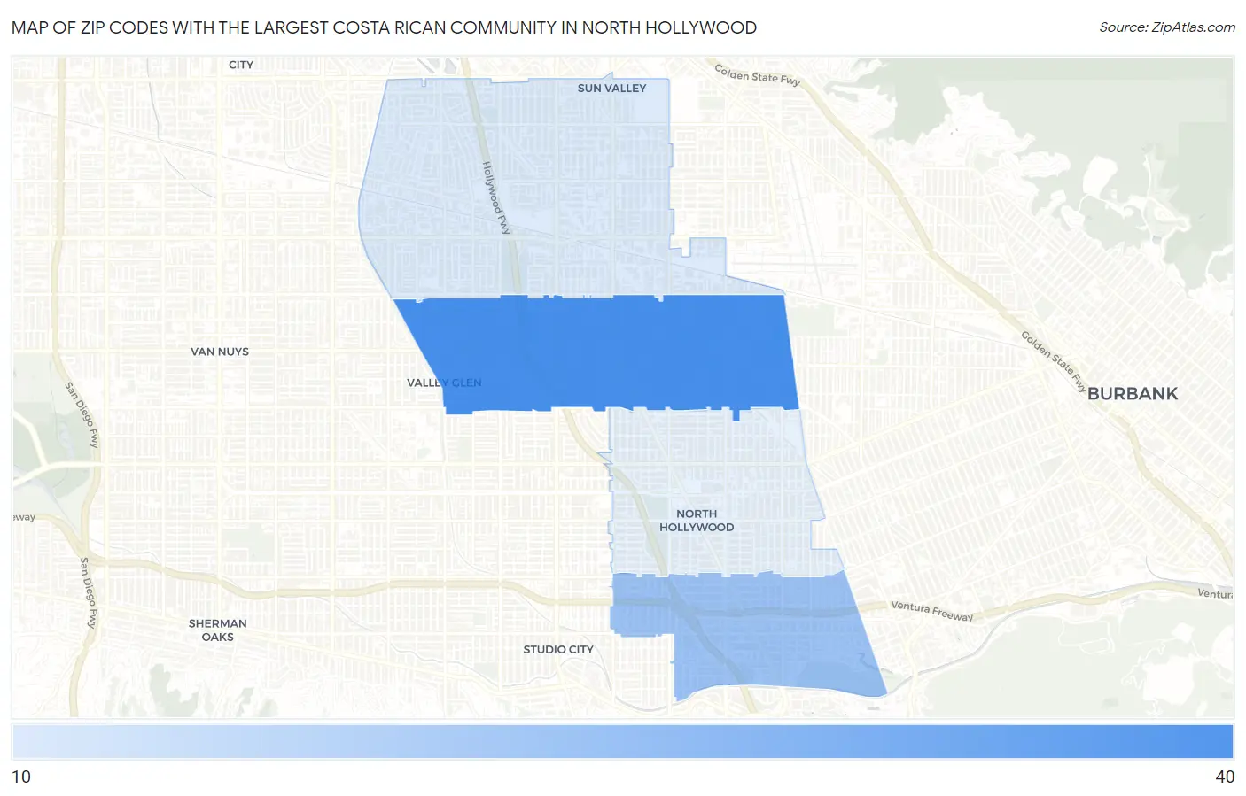 Zip Codes with the Largest Costa Rican Community in North Hollywood Map