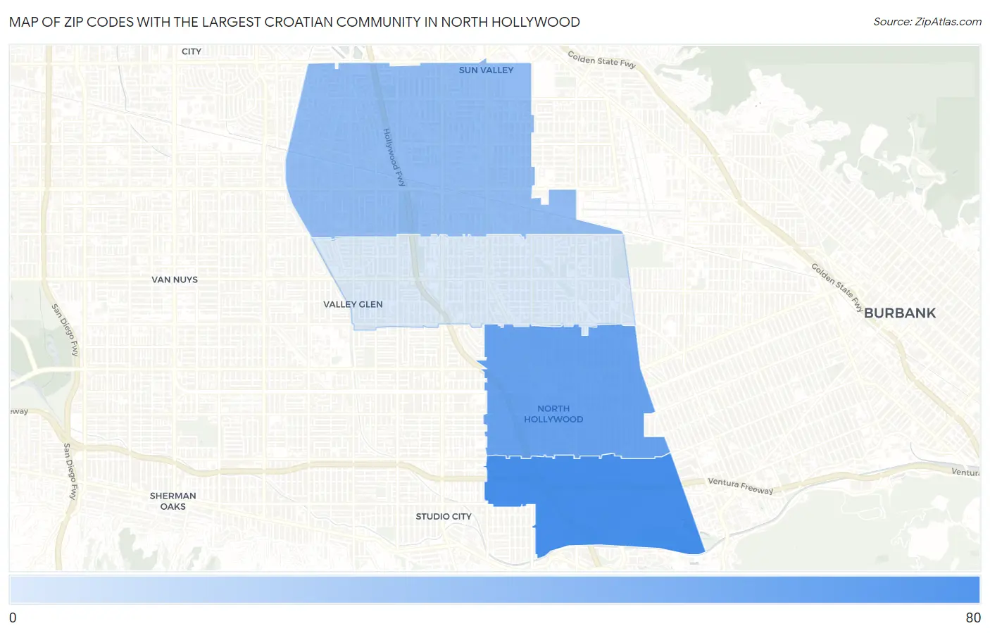 Zip Codes with the Largest Croatian Community in North Hollywood Map