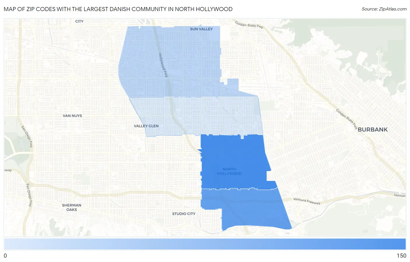 Zip Codes with the Largest Danish Community in North Hollywood Map
