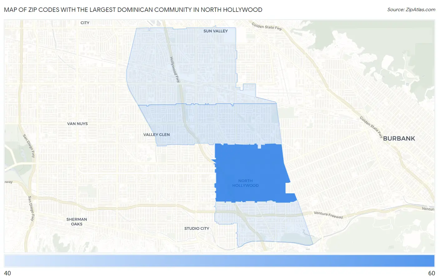 Zip Codes with the Largest Dominican Community in North Hollywood Map