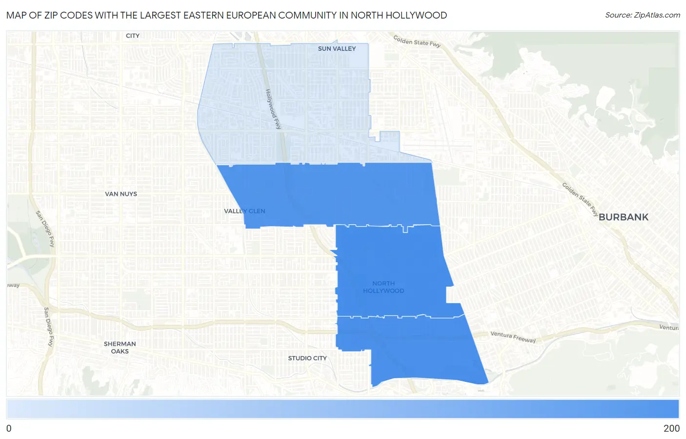Zip Codes with the Largest Eastern European Community in North Hollywood Map