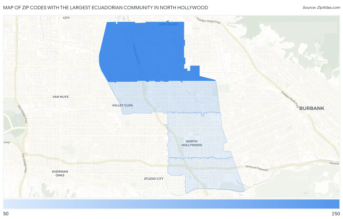 Zip Codes with the Largest Ecuadorian Community in North Hollywood Map