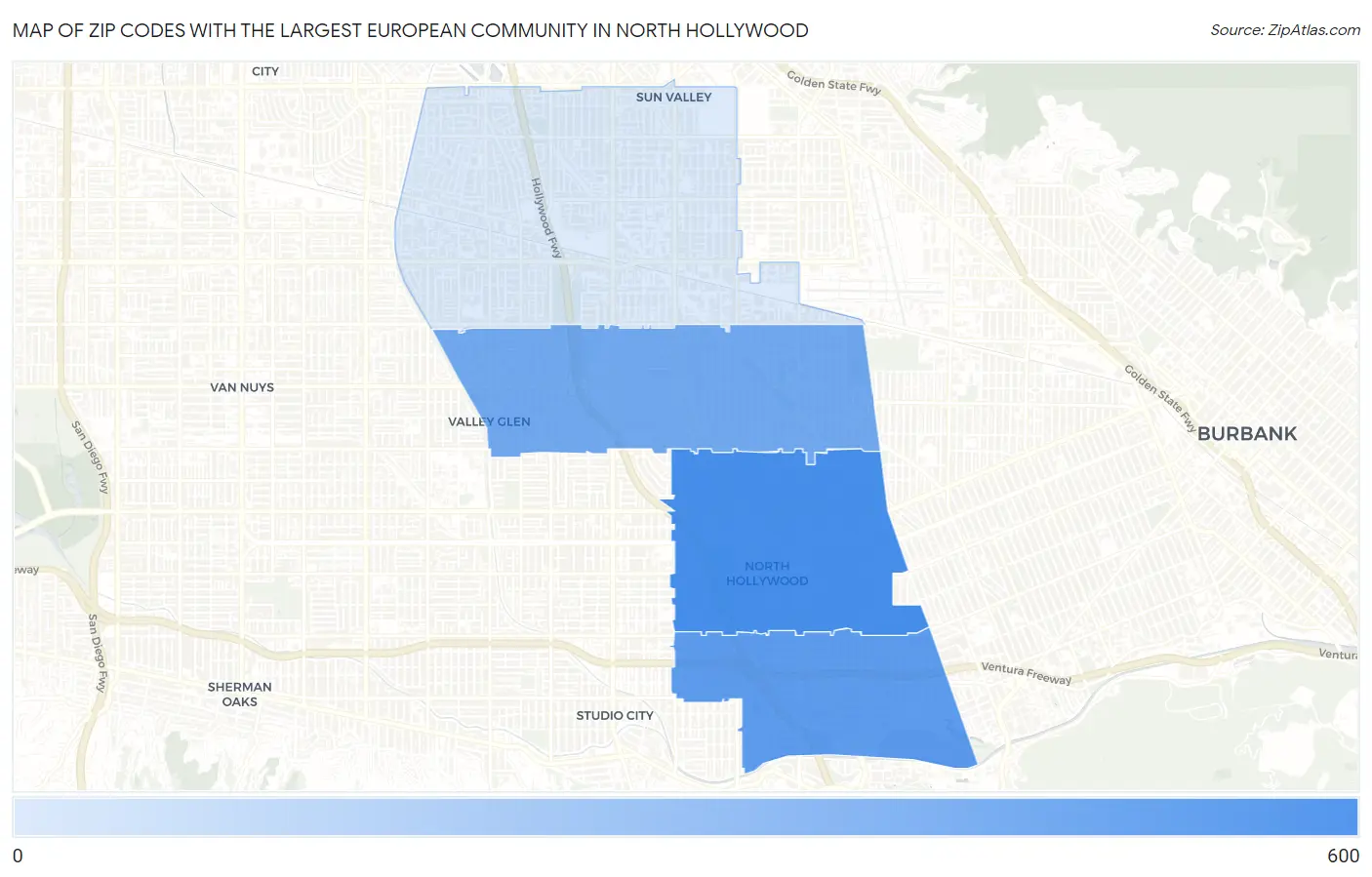 Zip Codes with the Largest European Community in North Hollywood Map